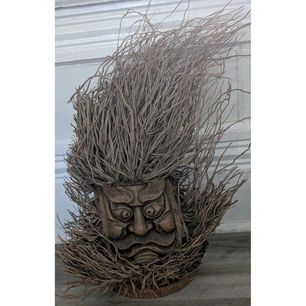 Vintage Chinese Carved Bamboo Root Face Sculpture 19” Large Bodhidharma Folk Art